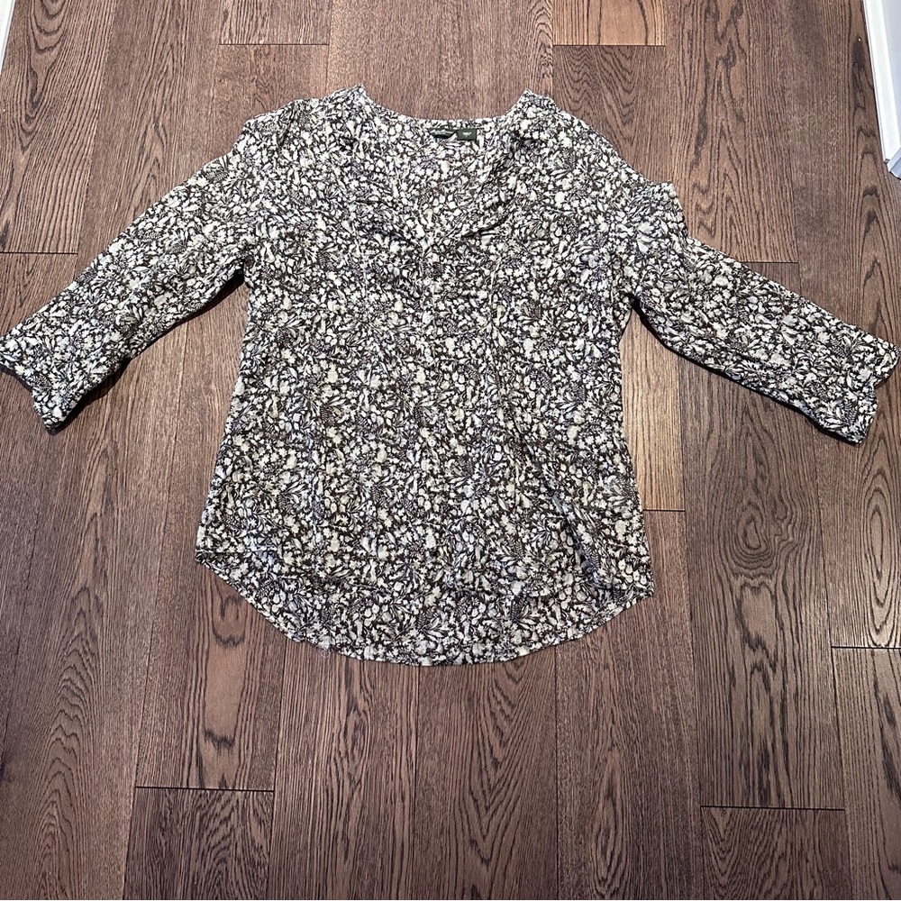 Women's Eddie Bauer Brown and White Flower Patterned Blouse